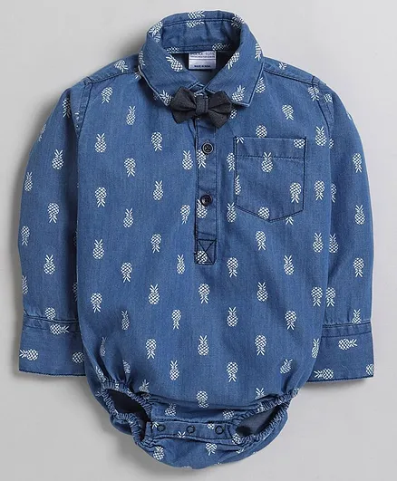 Polka Tots Full Sleeves Pineapple Print Denim Shirt Onesie With Bow Applique - Blue