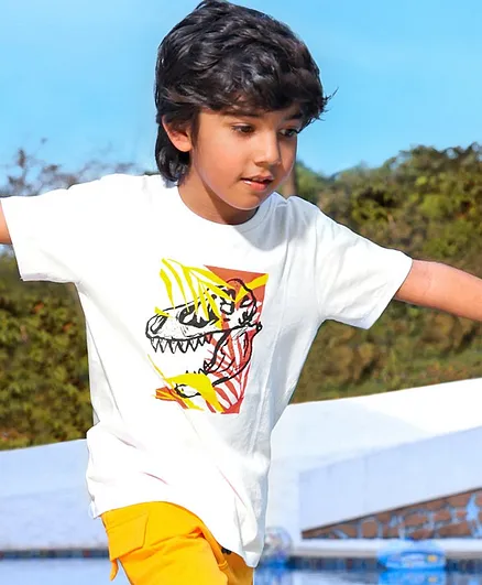 Primo Gino 100% Cotton Half Sleeves T Shirt Dinosaur Print - Off White