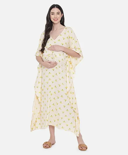 Aujjessa Half Batwing Sleeves Printed Maternity Kaftan - Cream Yellow