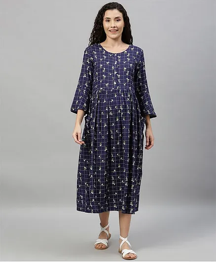 Nejo Half Sleeves Floral Checks Print Maternity & Nursing Dress - Dark Blue