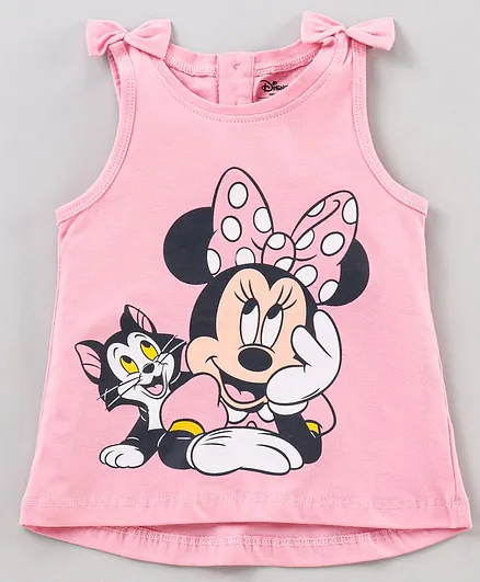 Babyhug Sleeveless Tee Minnie Mouse Print with Bow Appliques - Pink