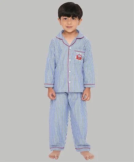 Knitting Doodles Full Sleeves Striped Night Suit - Light Blue