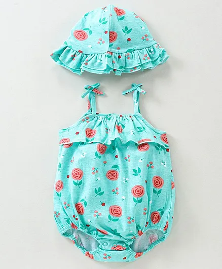 Babyhug 100% Cotton Sleeveless Onesie With Cap Rose Print - Blue