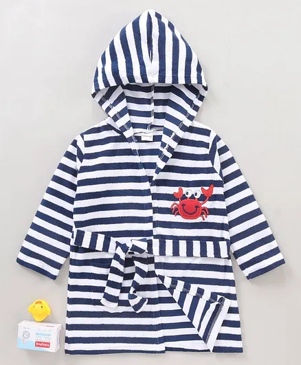 Babyhug Cotton Knit Hooded Bathrobe With Waist Belt Stripes - Blue