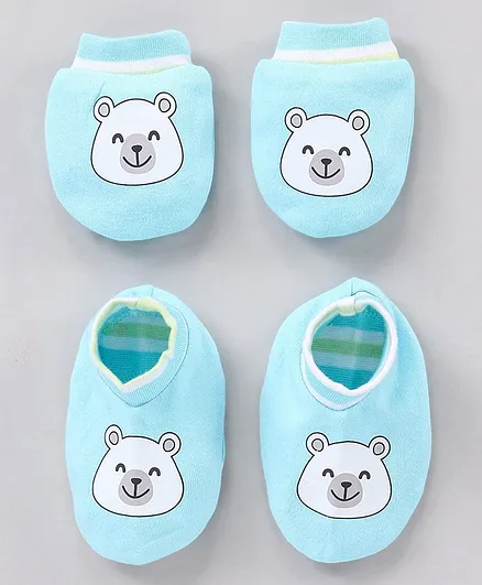 Babyhug 100% Cotton Mittens & Booties Set Bear Print - Blue