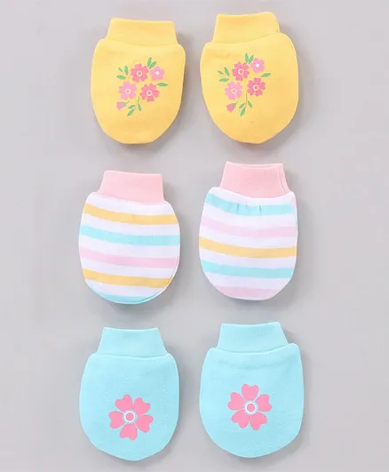 Babyhug 100% Cotton Mittens Set Stripe & Floral Printed Pack Of 3 - Multicolour