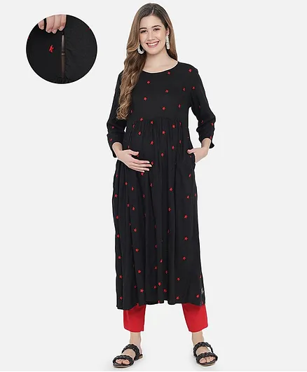 Aujjessa Three Fourth Sleeves Embroidered Flared Maternity Kurta With Side Pockets - Black