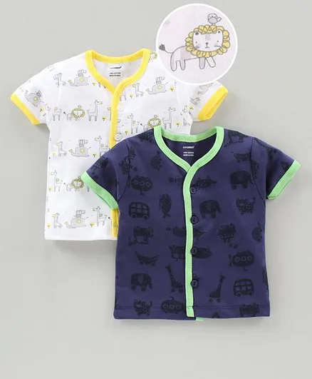 Cucumber 100% Cotton Half Sleeves Vest All Over Printed Pack of 2 Blue White (Print May Vary)