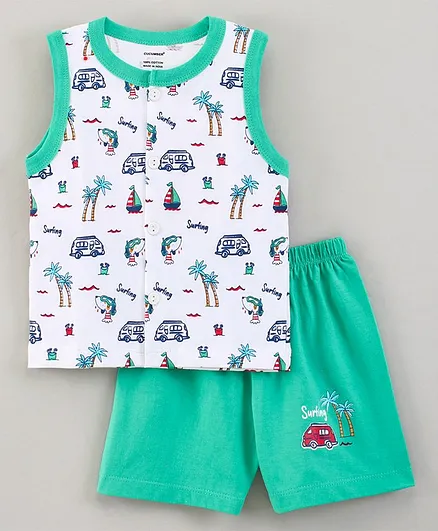 Cucumber Sleeveless Shorts Set Surfing Theme Print - Aqua