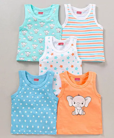 Babyhug Cotton Sleeveless Sando Vests Printed & Striped Pack of 5 - Multicolour