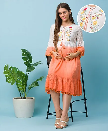 Bella Mama Three Fourth Sleeves Maternity Tie Dye Frock Floral Embroidery - Peach White