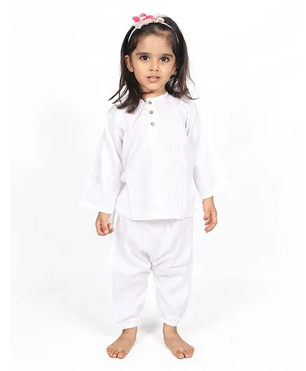 SnuggleMe Full Sleeves Solid Kurta And Pyjama - White