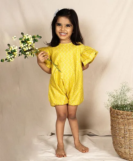 SnuggleMe Half Sleeves Zig Zag Print Ethnic Jumpsuit - Yellow
