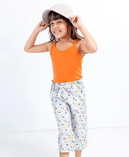 Ollington St. Sleeveless Top with knot & Culottes Set Shells Print - Orange White