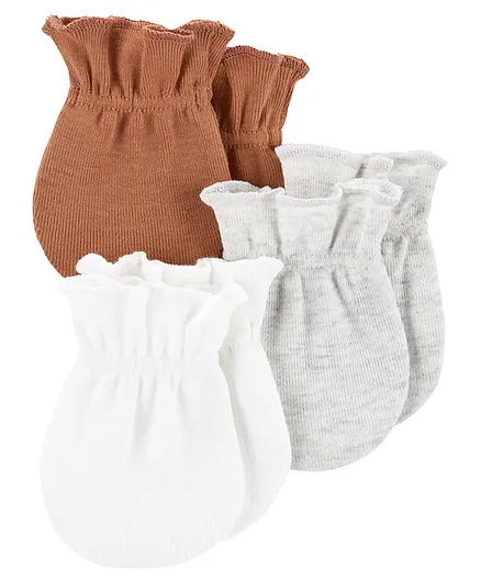Carter's Cotton Blend Knit Mittens Set Solid Pack of 3 - Brown White Grey