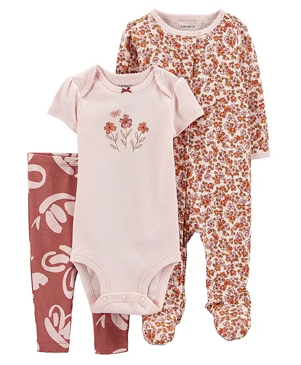 Carter's Cotton Blend Knit Full Sleeves Romper with Half Sleeves Onesie & Leggings Floral Print - Multicolour