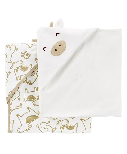 Carter's Cotton Blend Knit Pig Printed Hooded Towel Pack of 2 - Ivory White