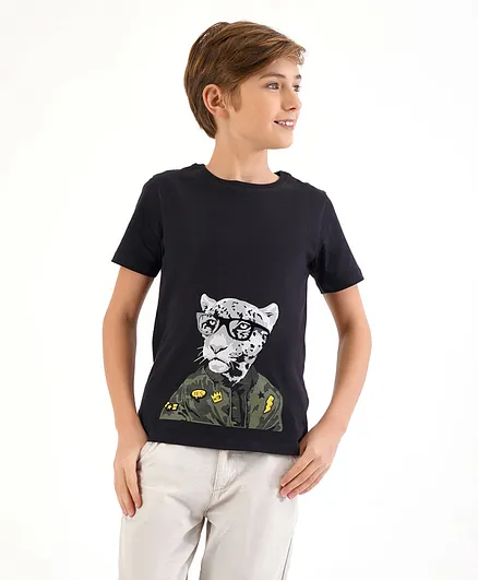 Primo Gino Half Sleeves T Shirt Tiger Sticker Print- Black