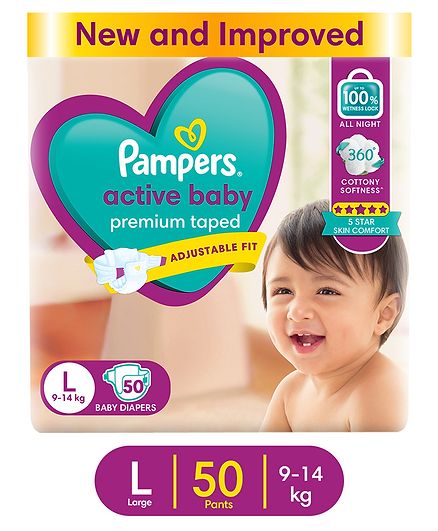 Pampers Active Baby Taped Diapers, Large size diapers, (LG) 50 count, taped style custom fit