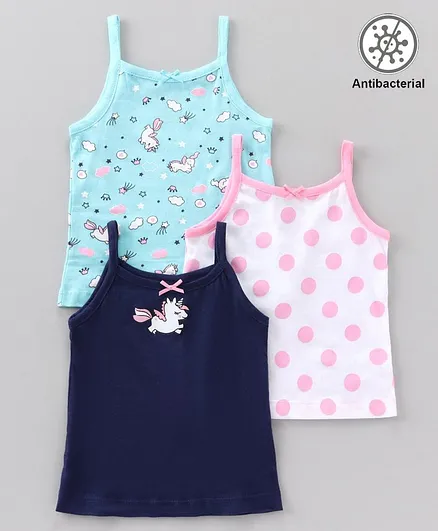 Babyoye Cotton Singlet Camisoles Polka Dots & Unicorn Print Pack of 3 - Pink Blue