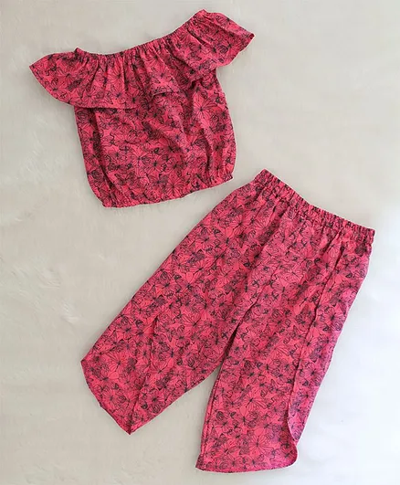 Woonie Off Shoulder Sleeves Butterfly Print Off Shoulder Top With Pants - Pink