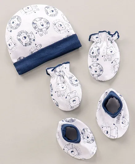 Babyhug 100% Cotton Caps Mittens & Booties Set Lion Printed White- Cap Diameter 10.5 cm
