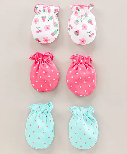 Babyhug 100% Cotton Mittens Pack Of 3 Flowers Fruits And Spots Print Multicolour- Length 11 cm