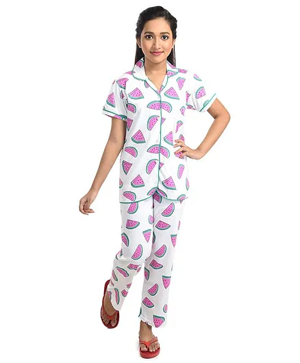 Clothe Funn Half Sleeves Watermelon Slices Printed Night Suit - White