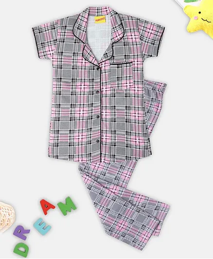 punkster Half Sleeve Checkered Night Suit - Light Grey
