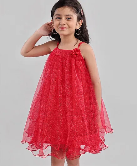 Babyhug Singlet Sleeves Floral Corsage Party Frock with Glitter - Red