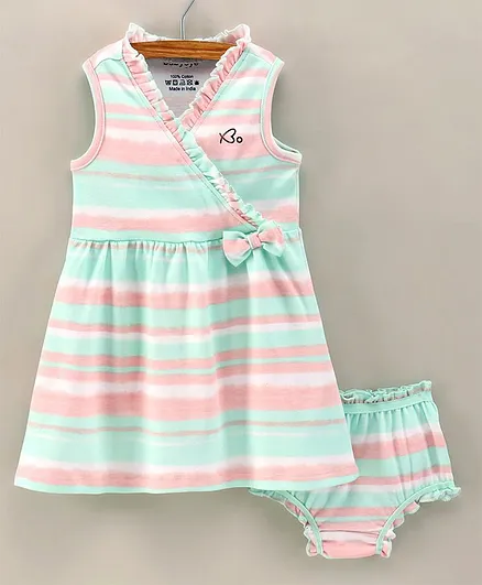 Babyoye Sleeveless Striped Frock With Bow Applique & Bloomer - Pink