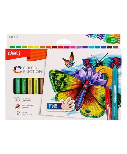 Deli 18 Bright Color Pre Sharpened Plastic Crayons with Mini Sharpner Triangular Barrel Wax Colors Smooth Drawing Crayons Artist Oil Pastels - Multicolour