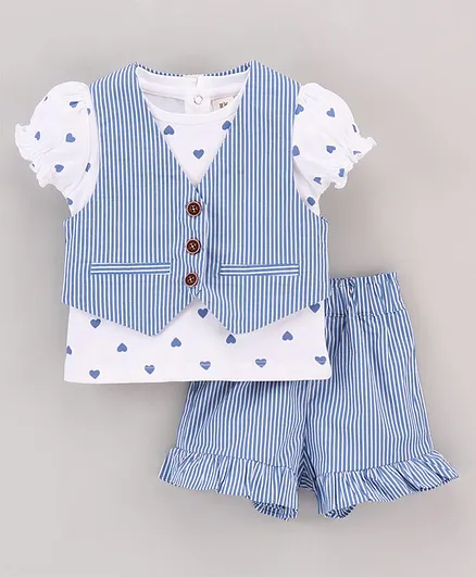 ToffyHouse Half Sleeves Top & Skirt with Waist Coat - Blue