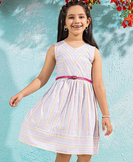 Hola Bonita Knee Length Striped Frock with Belt - Multicolor