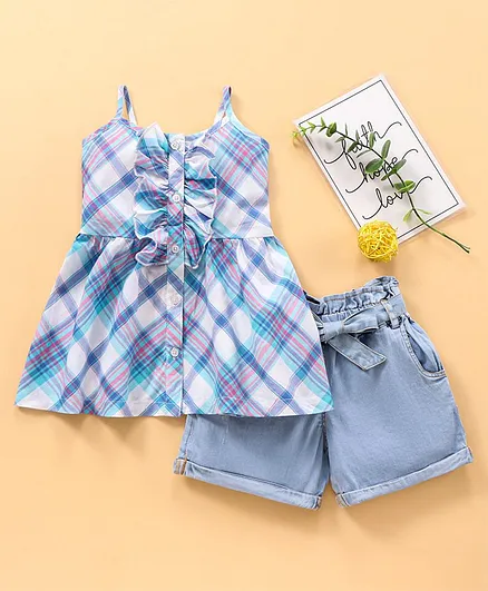 OLLINGTON ST. Singlet Checked Top & Denim Paperbag Shorts with self fabric belt Set - Blue