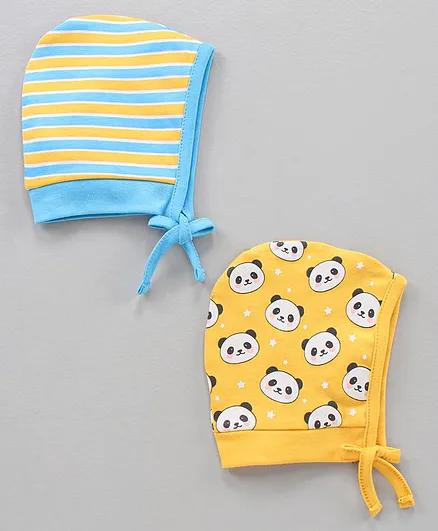 Babyhug 100 % Cotton Tie-Knot Cap Printed Blue Yellow Pack of 2 - Diameter 15 cm