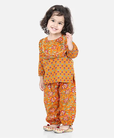 BownBee Full Sleeves Floral Printed Top With Printed Harem Pants - Orange