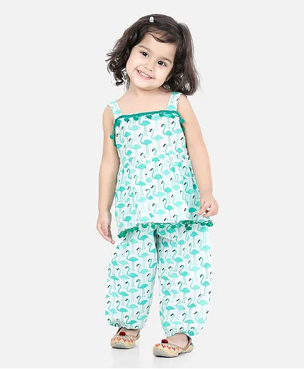 BownBee Sleeveless Flamingo Print Top With Harem Pants - Green