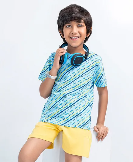 Ollington St. Half Sleeves Striped T-Shirt & Shorts Set Text Print - Blue Yellow