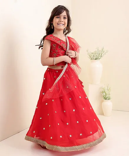 Babyhug Sleeveless Choli & Lehenga Set With Dupatta Ethnic Print - Red