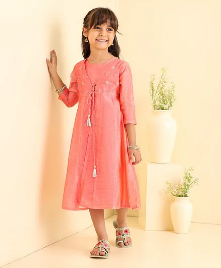 Babyhug Three Fourth Sleeves Embroidered Frock - Pink