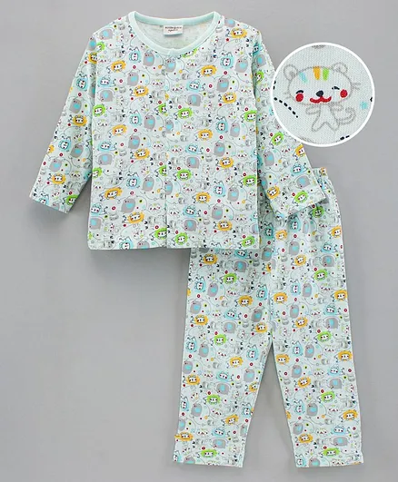 Wonderchild Full Sleeves Animals Printed Night Suit - Sea Green