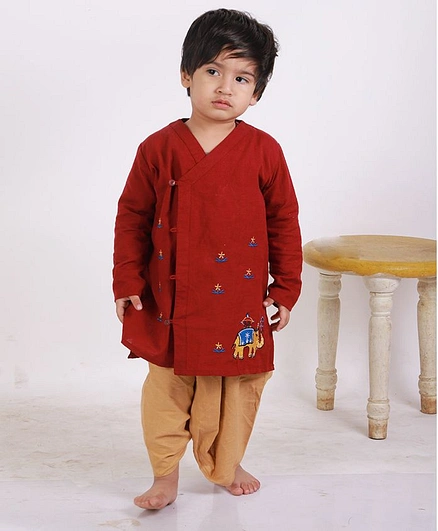 CHAKORI Full Sleeves Elephant Embroidered Kurta & Dhoti Set - Maroon