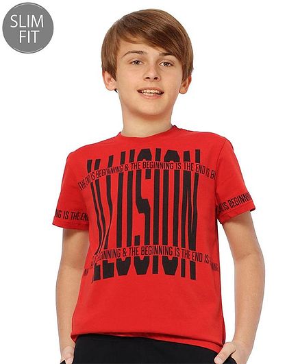 Jack & Jones Junior Half Sleeves Cotton T-shirt Text Print - Red