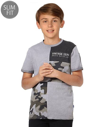 Jack & Jones Junior Half Sleeves Cotton T-Shirt Camo Print- Grey