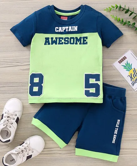 Babyhug Half Sleeves T-shirt & Short Text Print - Blue Green
