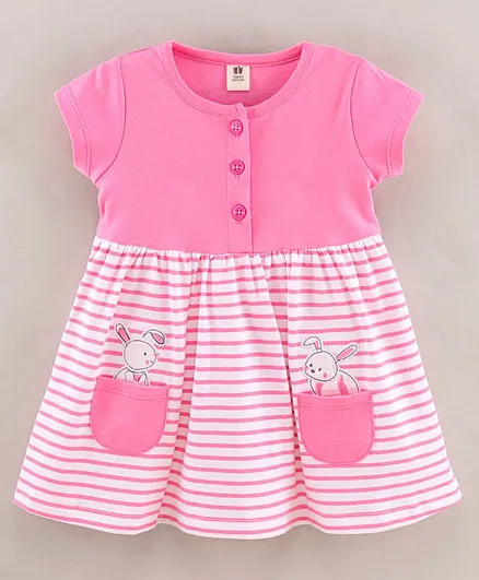 ToffyHouse Cap Sleeves Striped Frock Bunny Patch - Pink