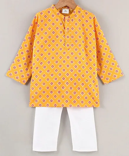 Teentaare Full Sleeves Cotton Woven Kurta & Pajama Set Ethnic Print - Yellow White