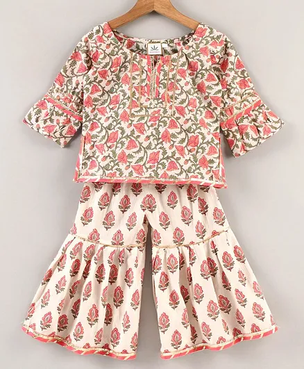 Teentaare Cotton Woven Half Sleeves Kurti and Sharara Set Ethnic Print - Pink