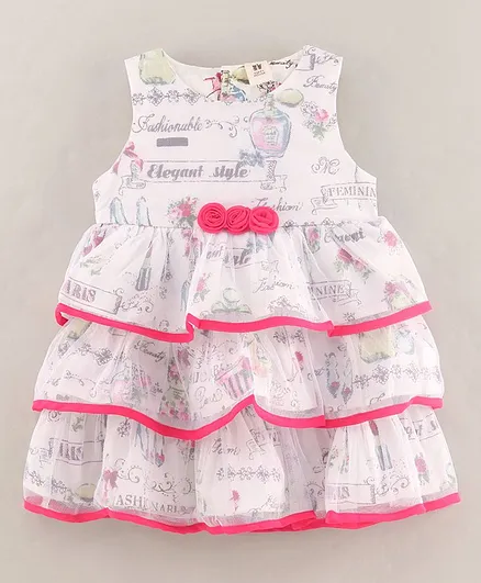 ToffyHouse Sleeveless Layered Printed Frock With Rose Applique- White